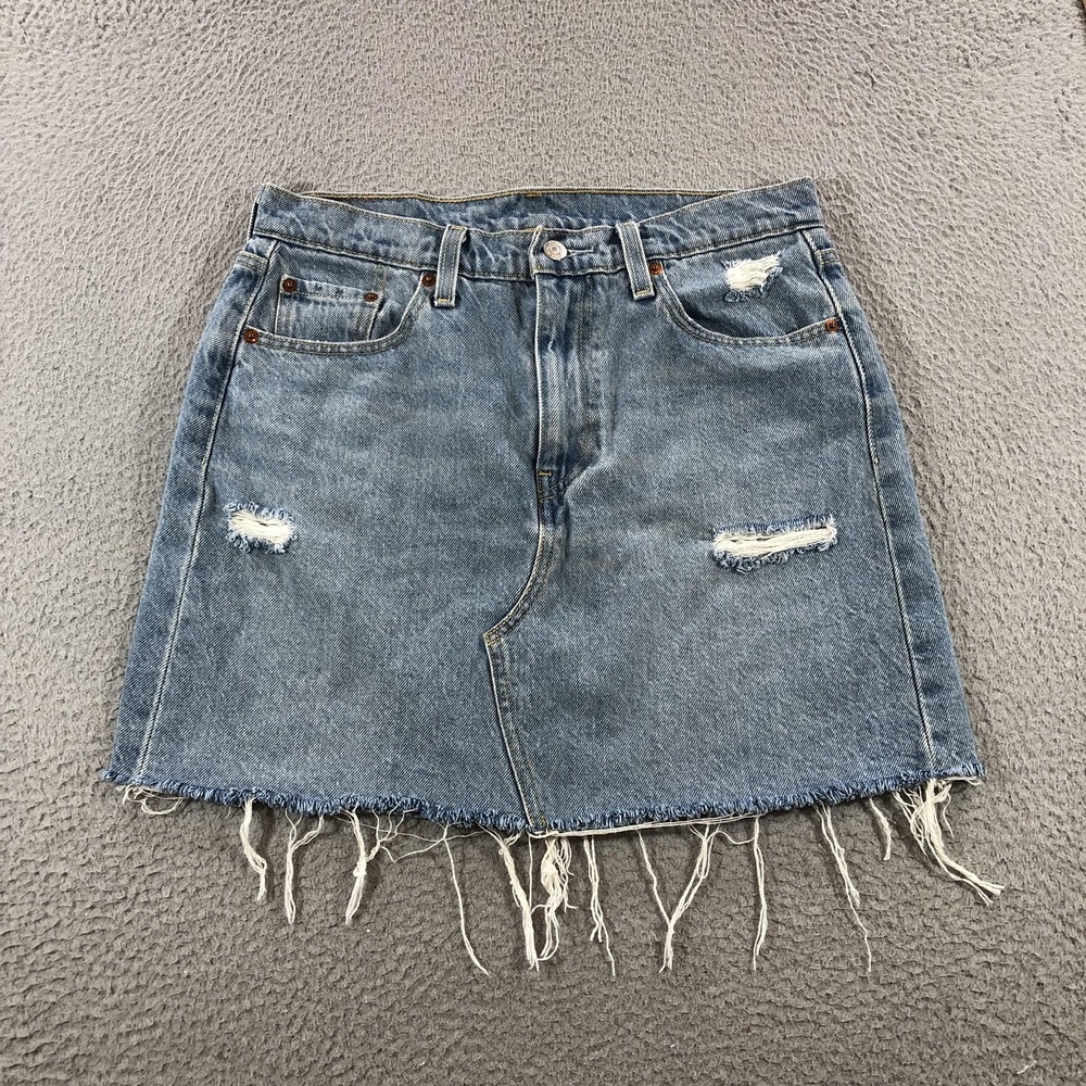 Levi's Skirt Womens Medium 29 Blue Denim Straight Pencil Distressed Fringe Hem
